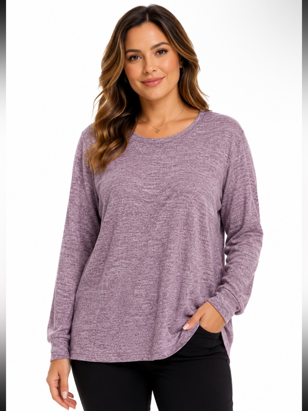 Ofeefan Soft Knit Long Sleeve Top Purple Heather Lightweight Stretchy‎ - Size L